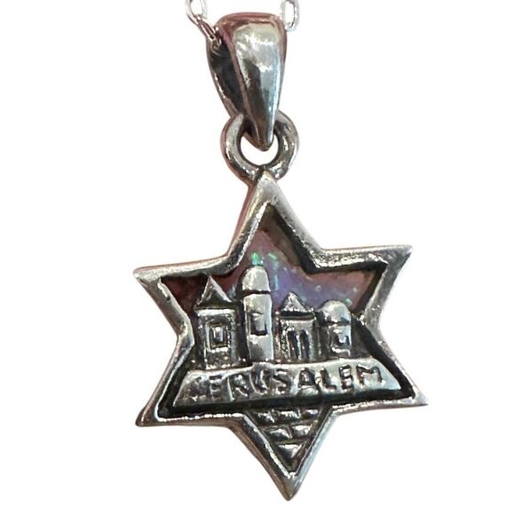 Sterling Silver Lab Opal Pendant Star of David Jerusalem Necklace - Picture 6 of 8